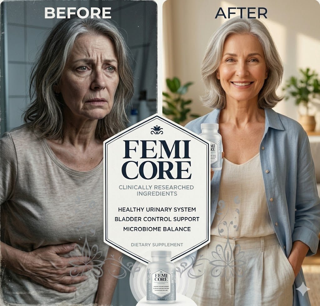 Mature woman before and after using FemiCore, showing improved confidence with supplement bottle and bladder wellness support.
