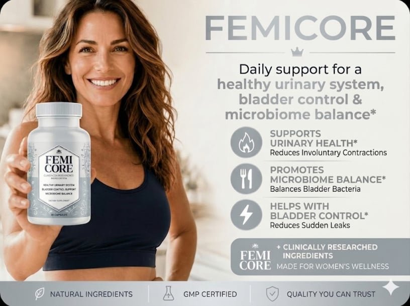 FemiCore supplement infographic with product benefits