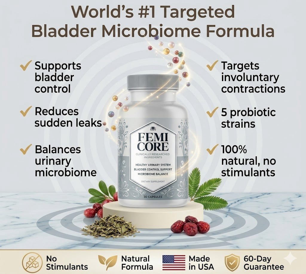 FemiCore bladder microbiome support formula benefits infographic