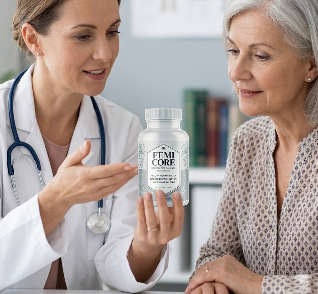 A female doctor recommends FemiCore supplement to a mature patient.